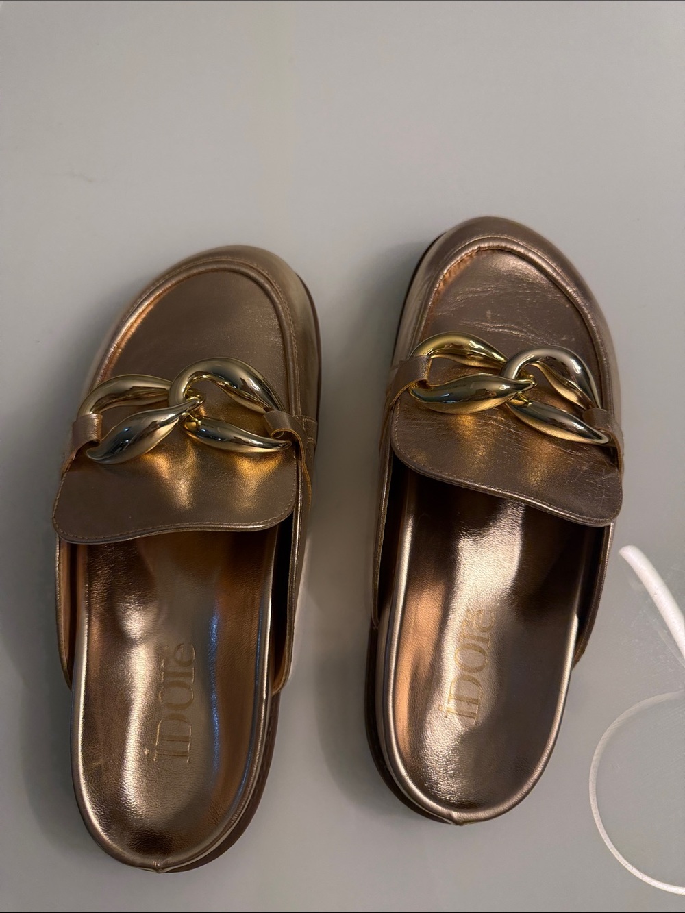 Metallic Bronze Slip-On Mules with Gold Chain Detail - Women